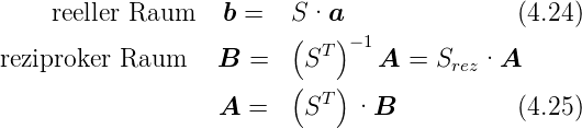      reeller Raum    b =   S(·a)               (4.24)
reziproker Raum    B  =    ST  −1A  = Srez·A
                          (  )
                   A  =    ST  ·B            (4.25)

