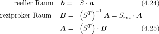      reeller Raum    b =   S( ⋅ a)             (4.24)
reziproker Raum    B  =    ST  −1A  = Srez ⋅ A
                          (   )
                   A  =    ST  ⋅ B           (4.25)
