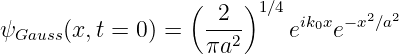                   (    )
                   --2- 1∕4 ik0x −x2∕a2
ψGauss(x,t = 0) =  πa2     e    e
