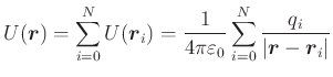 $\displaystyle U(\vec{r}) = \sum\limits_{i=0}^{N} U(\vec{r}_i) = \frac{1}{4\pi\v...
...ilon_0}\sum\limits_{i=0}^{N} \frac{q_i}{\left\vert\vec{r}-\vec{r}_i\right\vert}$