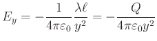 $\displaystyle E_{y}=\frac{1}{4\pi \varepsilon_0}\frac{\lambda\ell}{y^{2}}=\frac{Q}{4\pi\varepsilon_0y^{2}}$