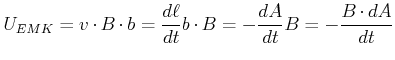 $\displaystyle U_{EMK} = v\cdot B\cdot b = \frac{d\ell}{dt} b \cdot B = - \frac{dA}{dt}B = -\frac{B\cdot dA}{dt}$