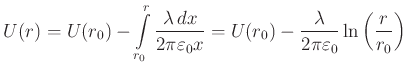 $\displaystyle U(r) = U(r_0)-\int\limits_{r_0}^r\frac{\lambda\, dx}{2\pi\varepsilon_0 x} = U(r_0)-\frac{\lambda}{2\pi\varepsilon_0}\ln\left(\frac{r}{r_0}\right)$