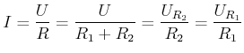$\displaystyle I = \frac{U}{R}=\frac{U}{R_1+R_2} = \frac{U_{R_2}}{R_2}= \frac{U_{R_1}}{R_1}$