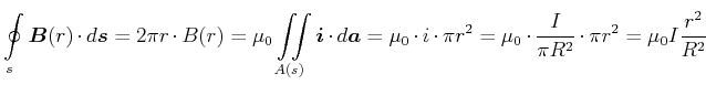 $\displaystyle \oint\limits_{s}\vec{B}(r) \cdot d\vec{s}= 2\pi r \cdot B(r)
= \m...
... \pi r^2 = \mu_0 \cdot \frac{I}{\pi
R^2}\cdot \pi r^2 = \mu_0 I \frac{r^2}{R^2}$