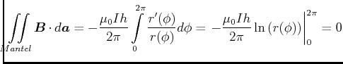 $\displaystyle \iint\limits_{Mantel} \vec{B}\cdot d\vec{a}= -\frac{\mu_0 I h}{2\...
...= \left.-\frac{\mu_0 I
h}{2\pi}\ln\left(r(\phi)\right)\right\vert _0^{2\pi} = 0$