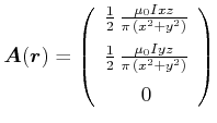 $\displaystyle \vec{A}(\vec{r}) = \left( \begin {array}{c} \frac{1}{2} {\frac {...
... \left( {x}^{2}+{y}^{2} \right) }}  \noalign{\medskip }0\end {array} \right)
$