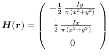 $\displaystyle \vec{H}(\vec{r})=\left( \begin {array}{c} -\frac{1}{2} {\frac {I...
...\left( {x}^{2}+{y}^{2} \right) }}  \noalign{\medskip }0 \end {array} \right)
$
