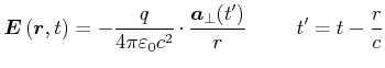 $\displaystyle \vec{E}\left(\vec{r}\text{,} t\right) = -\frac{q}{4\pi\varepsilon_0 c^2}\cdot \frac{\vec{a}_\bot(t')}{r}\hspace{1cm}t'=t-\frac{r}{c}$