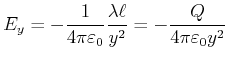 $\displaystyle E_{y}=-\frac{1}{4\pi \varepsilon_0}\frac{\lambda\ell}{y^{2}}=-\frac{Q}{4\pi\varepsilon_0y^{2}}$