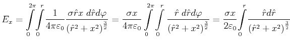 $\displaystyle E_{x}={\int\limits_{0}^{2\pi}}{\int\limits_{0}^{r}}
\frac{1}{4\p...
...{0}^r}
\frac{\hat{r}d\hat{r}}{\left( \hat{r}^{2}+x^{2}\right)^{\frac{3}{2}}}
$
