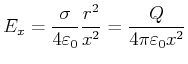 $\displaystyle E_{x}=\frac{\sigma}{4\varepsilon_0}\frac{r^{2}}{x^{2}}=\frac {Q}{4\pi\varepsilon_0x^{2}}$