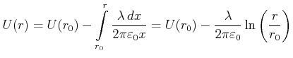 $\displaystyle U(r) = U(r_0)-\int\limits_{r_0}^r\frac{\lambda  dx}{2\pi\varepsilon_0 x} = U(r_0)-\frac{\lambda}{2\pi\varepsilon_0}\ln\left(\frac{r}{r_0}\right)$
