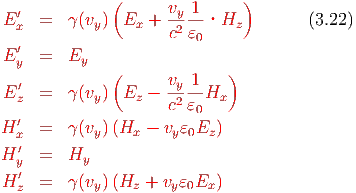               (               )
  ′                  vy-1
E x  =  γ (vy) Ex +  c2𝜀  ·Hz         (3.22)
  ′                     0
E y  =  Ey    (             )
  ′                  vy-1
E z  =  γ (vy) Ez −  c2𝜀 Hx
  ′                     0
H x  =  γ (vy)(Hx − vy𝜀0Ez )
H ′y  =  Hy
  ′
H z  =  γ (vy)(Hz + vy𝜀0Ex )
