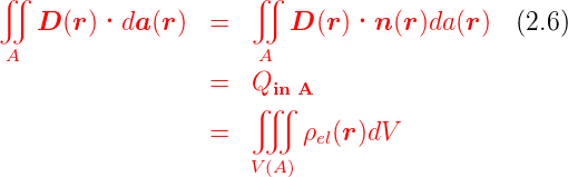 ∬                     ∬
   D  (r )·da (r)  =      D (r)·n  (r)da(r)   (2.6)
 A                    A
                  =   Qin A
                      ∭
                  =       ρel(r)dV
                      V(A)
