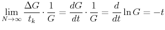 $\displaystyle \lim\limits_{N\rightarrow\infty}\frac{\Delta G}{t_k}\cdot\frac{1}{G}=\frac{dG}{dt}\cdot \frac{1}{G}=\frac{d}{dt}\ln G = -t$