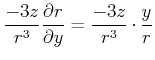 $\displaystyle \frac{-3z}{r^3}\frac{\partial r}{\partial y}=\frac{-3z}{r^3}\cdot \frac{y}{r}$