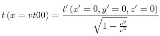 $\displaystyle t\left( x=vt,0,0\right) =\frac{t'\left( x'=0\text{,} y'=0\text{,} z'=0\right)}{ \sqrt{1-\frac{v^{2}}{c^{2}}}}$