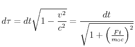 $\displaystyle d\tau = dt\sqrt{1-\frac{v^2}{c^2}} = \frac{dt}{\sqrt{1+\left(\frac{Ft}{m_0 c}\right)^2}}$
