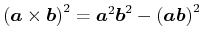 $\displaystyle \left(\vec{a}\times\vec{b}\right)^2=\vec{a}^2\vec{b}^2-\left(\vec{a}\vec{b}\right)^2$