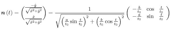 $\displaystyle \vec{n}\left( t\right) =\binom{\frac{-\dot{y}}{\sqrt{\dot{x}^{2}+...
...frac{t}{t_{0}}\\  -\frac{a}{t_{0}} & \sin & \frac{t}{t_{0}} \end{array} \right)$