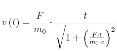 $\displaystyle v\left( t\right) =\frac{F}{m_{0}}\cdot\frac{t}{\sqrt{1+\left( \frac{F\cdot
t}{m_{0}\cdot c}\right) ^{2}}}
$