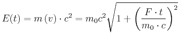 $\displaystyle E(t)=m\left( v\right) \cdot c^{2} =m_0c^2\sqrt{1+\left( \frac{F\cdot
t}{m_{0}\cdot c}\right) ^{2}}$