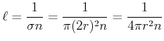 $\displaystyle \ell = \frac{1}{\sigma n} = \frac{1}{\pi (2r)^2 n} = \frac{1}{4\pi r^2 n}$