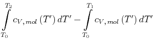 $\displaystyle \int\limits_{T_{0}}^{T_{2}}c_{V\text{,} mol}\left( T'\right) dT' -\int\limits_{T_{0}}^{T_{1}}c_{V\text{,} mol}\left( T'\right) dT'$