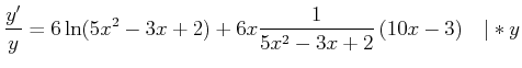 $\displaystyle \frac{y'}{y} = 6 \ln(5 x^2-3x+2)+ 6 x \frac{1}{5 x^2-3x+2}\left(10 x -3\right)\;\;\;\vert *y$