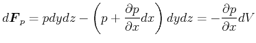 $\displaystyle d\vec{F}_{p}=pdydz-\left( p+\frac{\partial p}{\partial x}dx\right) dydz=-\frac{\partial p}{\partial x}dV$