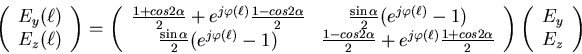 \begin{displaymath}
\left(\begin{array}{c}
E_y(\ell) \\
E_z(\ell) \\
\end{...
...eft(\begin{array}{c}
E_{y} \\
E_{z} \\
\end{array}\right)
\end{displaymath}