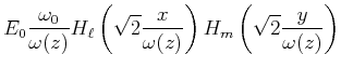 $\displaystyle E_0\frac{\omega_0}{\omega(z)}H_\ell\left(\sqrt{2}\frac{x}{\omega(z)}\right)
H_m\left(\sqrt{2}\frac{y}{\omega(z)}\right)$