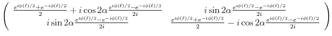 $\displaystyle \left(\begin{array}{cc} \frac{e^{i\phi(\ell)/2}+e^{-i\phi(\ell)/2...
...i\cos 2\alpha\frac{e^{i\phi(\ell)/2}-e^{-i\phi(\ell)/2}}{2i} \end{array}\right)$