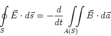 \begin{displaymath}\oint\limits_S \vec E \cdot d\vec s =
-\frac{d}{dt}\displays...
...imits_{A(S)}^{}\!\!\!\!\displaystyle\int{}\vec B \cdot d\vec a \end{displaymath}