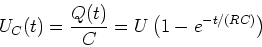 \begin{displaymath}
U_C(t) = \frac{Q(t)}{C} = U\left(1- e^{-t/(RC)}\right)
\end{displaymath}