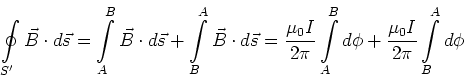 \begin{displaymath}\oint\limits_{S'} \vec B \cdot d\vec s = \int\limits_A^B \vec...
...nt\limits_A^B d\phi+\frac{\mu_0
I}{2\pi}\int\limits_B^A d\phi \end{displaymath}