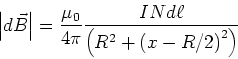 \begin{displaymath}\left\vert d\vec B\right\vert =
\frac{\mu_0}{4\pi}\frac{INd\ell}{\left(R^2+\left(x-R/2\right)^2\right)}\end{displaymath}