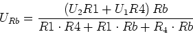 \begin{displaymath}U_{Rb} = \frac{\left(U_2 R1+ U_1 R4\right)Rb}{R1\cdot R4+ R1\cdot Rb + R_4 \cdot Rb}\end{displaymath}