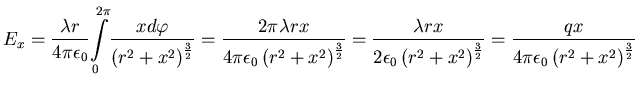 $\displaystyle E_{x}=\frac{\lambda r}%%
{4\pi\epsilon_0}
{\displaystyle\int\li...
...^{\frac{3}{2}}}=\frac{qx}{4\pi\epsilon_0\left( r^2+x^{2}\right) ^{\frac{3}{2}}}$