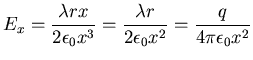 $\displaystyle E_{x}=\frac{\lambda rx}{2\epsilon_0x^{3}}=\frac{\lambda
r}{2\epsilon_0x^{2}}=\frac {q}{4\pi\epsilon_0x^{2}}$