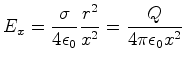 $\displaystyle E_{x}=\frac{\sigma}{4\epsilon_0}\frac{r^{2}}{x^{2}}=\frac {Q}{4\pi\epsilon_0x^{2}}$
