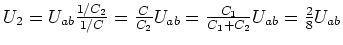 $U_2 = U_{ab}\frac{1/C_2}{1/C} = \frac{C}{C_2}U_{ab} = \frac{C_1}{C_1+C_2}U_{ab} =
\frac{2}{8}U_{ab}$