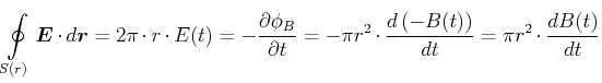 $\displaystyle \oint\limits_{S(r)} \vec{E}\cdot d\vec{r}= 2\pi\cdot r\cdot E(t) ...
...\pi r^2 \cdot \frac{d \left(-B(t)\right)}{dt} = \pi r^2 \cdot \frac{d B(t)}{dt}$