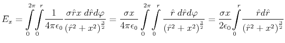 $\displaystyle E_{x}={\int\limits_{0}^{2\pi}}{\int\limits_{0}^{r}}
\frac{1}{4\pi...
...s_{0}^r}
\frac{\hat{r}d\hat{r}}{\left( \hat{r}^{2}+x^{2}\right)^{\frac{3}{2}}}
$