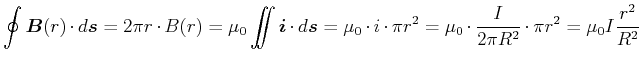$\displaystyle \oint\vec{B}(r) \cdot d\vec{s}= 2\pi r \cdot B(r) = \mu_0 \int\!\...
...\pi r^2 = \mu_0 \cdot \frac{I}{2\pi R^2}\cdot \pi r^2 = \mu_0 I \frac{r^2}{R^2}$