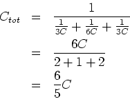 \begin{eqnarray*}
C_{tot} &=& \frac{1}{\frac{1}{3C}+\frac{1}{6C}+\frac{1}{3C}}\\
&=&\frac{6C}{2+1+2}\\
&=&\frac{6}{5}C
\end{eqnarray*}
