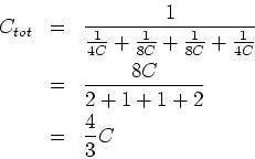 \begin{eqnarray*}
C_{tot} &=& \frac{1}{\frac{1}{4C}+\frac{1}{8C}+\frac{1}{8C}+\frac{1}{4C}}\\
&=&\frac{8C}{2+1+1+2}\\
&=&\frac{4}{3}C
\end{eqnarray*}