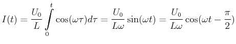 $\displaystyle I(t) = \frac{U_0}{L}\int\limits_0^t\cos(\omega\tau)d\tau = \frac{U_0}{L\omega}\sin(\omega t) = \frac{U_0}{L\omega}\cos(\omega t-\frac{\pi}{2})$