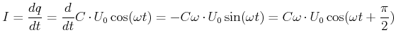 $\displaystyle I = \frac{dq}{dt} = \frac{d}{dt}C\cdot U_0 \cos(\omega t)=-C\omega\cdot U_0 \sin(\omega t)=C\omega\cdot U_0 \cos(\omega t+\frac{\pi}{2})$